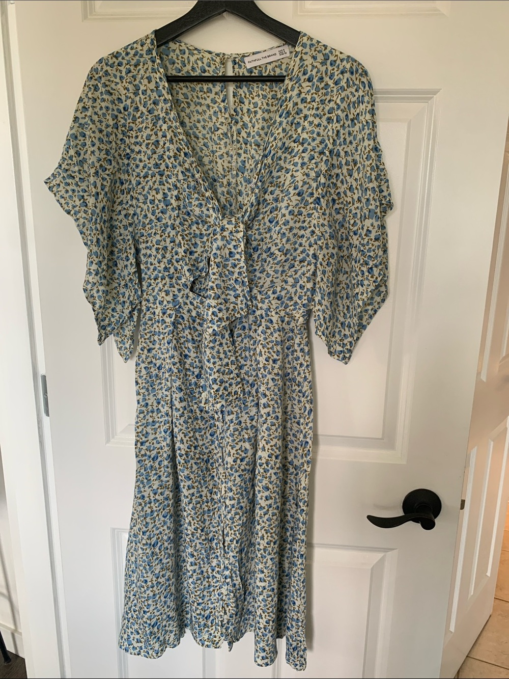 Faithfull the Brand Blue and Cream Floral Midi Dress with Ruffle Tie
